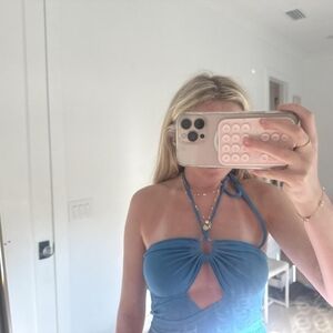 SHEIN Blue Halter Crop Top with Front Cutout